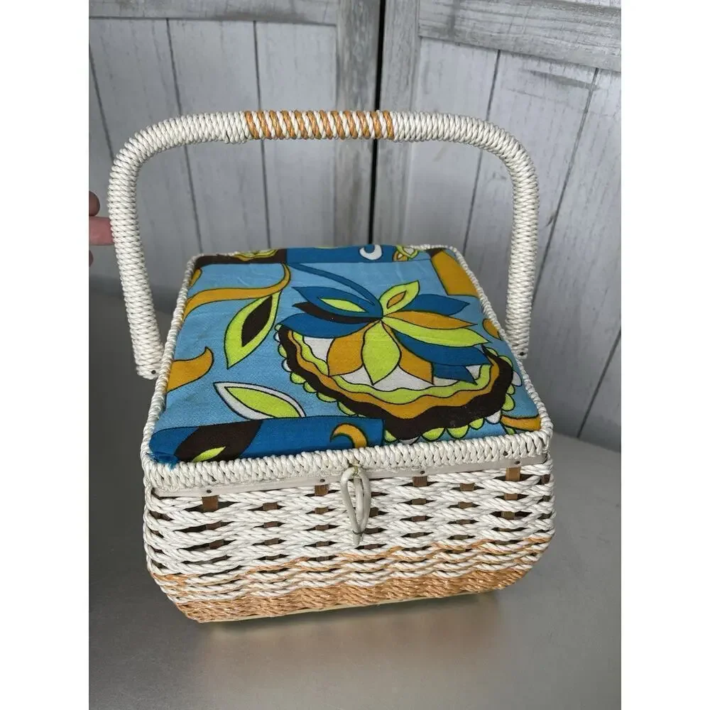 Vintage 70s Sewing Basket Retro Square Woven Blue Green Floral Psychedelic Japan